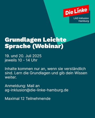 Die Linke LAG Inklusion Hamburg. Grundlagen Leichte Sprache (Webinar). Inhalte kommen nur an, wenn sie verständlich sind. Lern die Grundlagen und gib dein Wissen weiter.