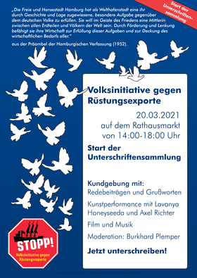 Volksinitiative zum Stopp aller Rüstungsexporte durch den Hamburger Hafen - Auftakt am 20. März auf dem Rathausmarkt