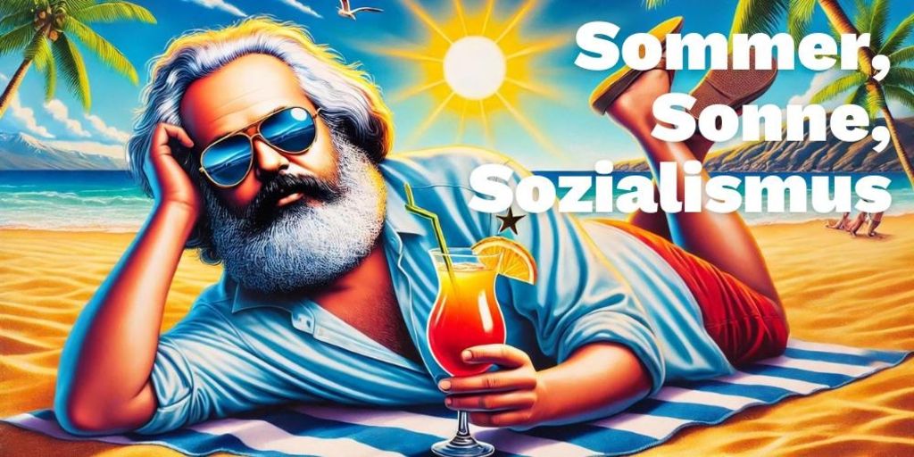 Eine digital erzeugte Grafik: Karl Marx liegt lässig auf einem Handtuch an einem Strand. Er stützt mit seiner linken Hand seinen Kopf. In der rechten Hand hält er ein erfrischendes Getränk mit einer Zitrone am Glasrand und einem Strohhalm.  Im Hintergrund Palmen und die Sonne scheint. Text: Sommer, Sonne, Sozialismus.