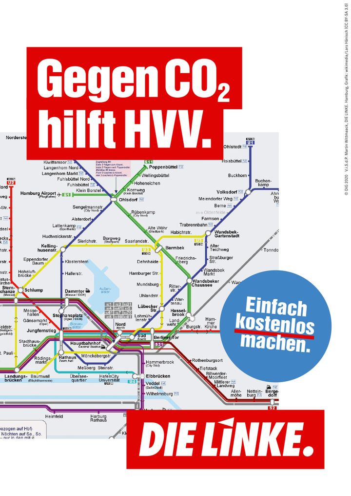 Themenplakat Gerechtigkeit zur Bürgerschaftswahl: "Gegen CO2 hilft HVV. Einfach kostenlos machen."
