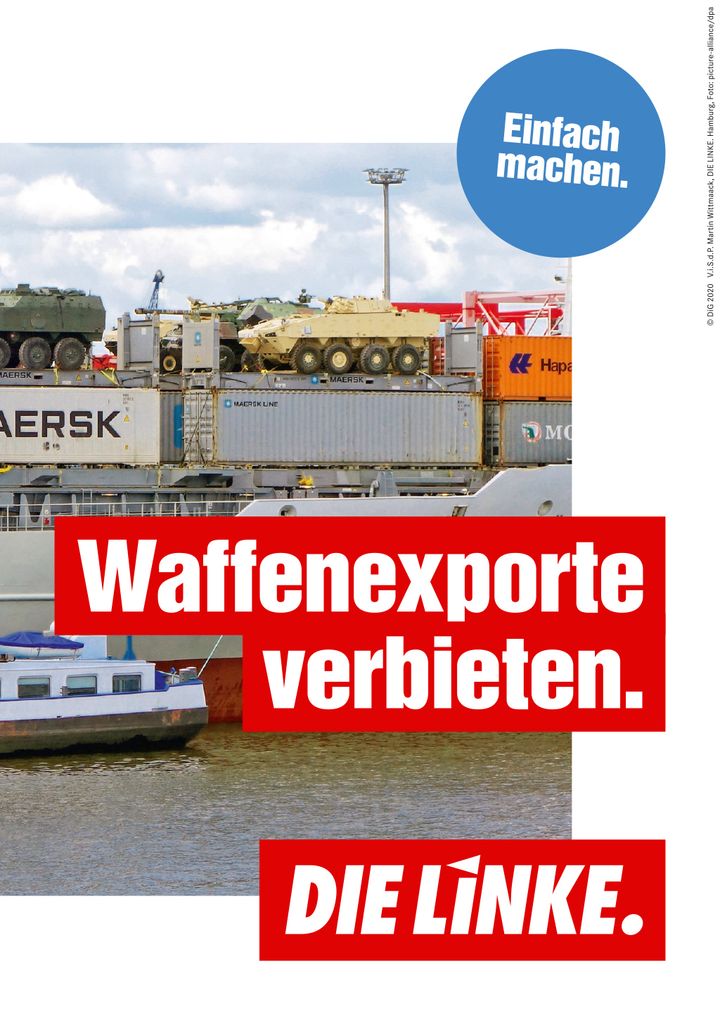 Themenplakat Frieden zur Bürgerschaftswahl: "Waffenexporte verbieten! Einfach machen."
