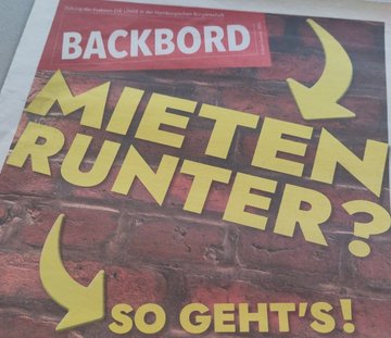 Backbord. Titel: Mieten Runter? So geht's! Im Hintergrund eine Backsteinfassade.