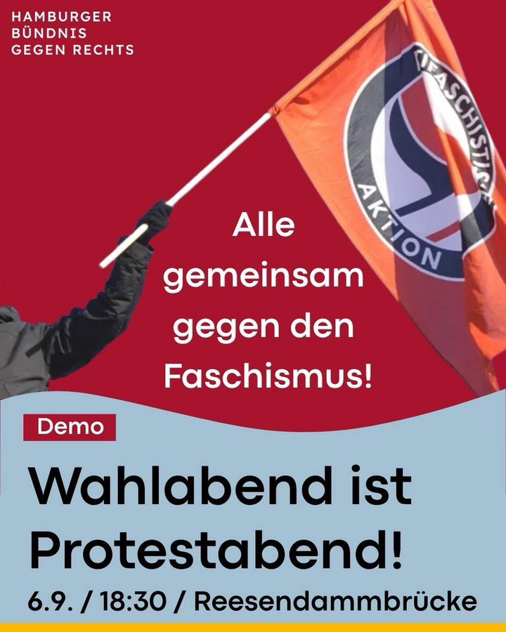 Wahlabend ist Protestabend, Alle gemeinsam gegen den Faschismus. 6.9. 18:30 Uhr Ressendammbrücke. Hamburger Bündnis gegen Rechts