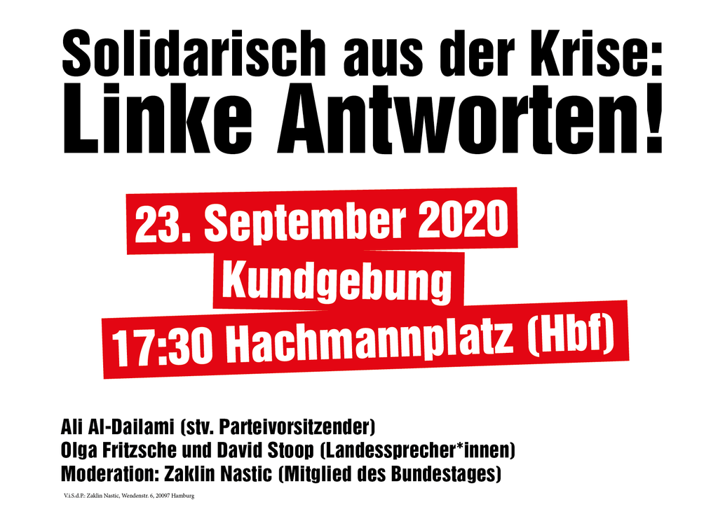  Linke Antworten auf die Krise: Kundgebung am Mittwoch, den 23. September 2020, um 17:30 Uhr auf dem Hachmannplatz (Hbf) 