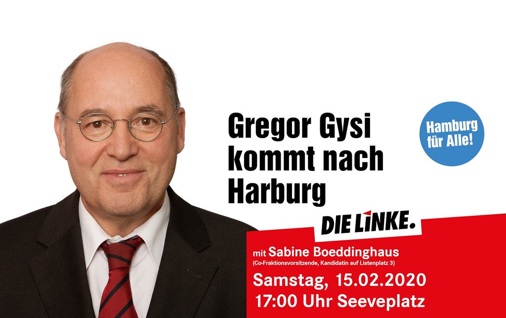 Gregor Gysi kommt nach Hamburg – gleich zweimal. Zuerst am Samstag, den 15. Februar, zu einer Kundgebung mit Sabine Boeddinghaus um 17 Uhr auf dem Seeveplatz in Harburg. Und dann nochmal am Mittwoch, den 19. Februar, um 15 Uhr zu einer Veranstaltung mit unserer Spitzenkandidatin Cansu Özdemir im Bürgerhaus Bornheide in Osdorf.
