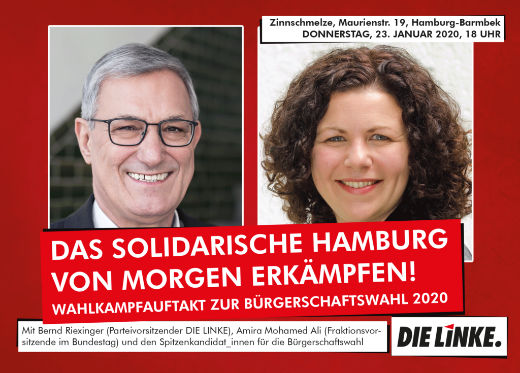 Der Wahlkampf zur Hamburgischen Bürgerschaft am 23. Februar 2020 tritt in die heiße Phase. Am morgigen  Donnerstag um 18:00 findet in der Zinnschmelze der Wahlkapfauftakt statt, zu dem Ihr herzlich einladen seid