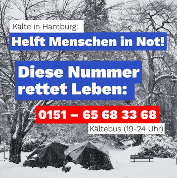 Kälte in Hamburg. Helft Menschen in Not! Diese Nummer rettet Leben: 0151 65 68 33 68. Kältebus 19-24 Uhr. Logo: Die Linke Fraktion Hamburg