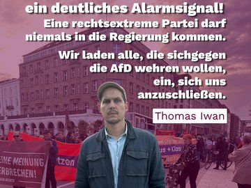 44 Prozent für die AfD sind ein deutliches Alarmsignal. Eine rechtsextreme Partei darf niemals in die Regierung kommen. Wir laden alle, di sich gegen die AfD wehre wollen, ein, sich uns anszuschließen. Thomas Iwan. Logo: Die Linke Hamburg.