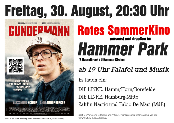 Rotes Sommerkino auf der großen Wiese im Hammer Park (S Hasselbrook/U Hammer Kirche). Ab 19 Uhr Essen + Trinken mit Musik, und ab 20.30 Uhr zeigen wir den Film »GUNDERMANN«